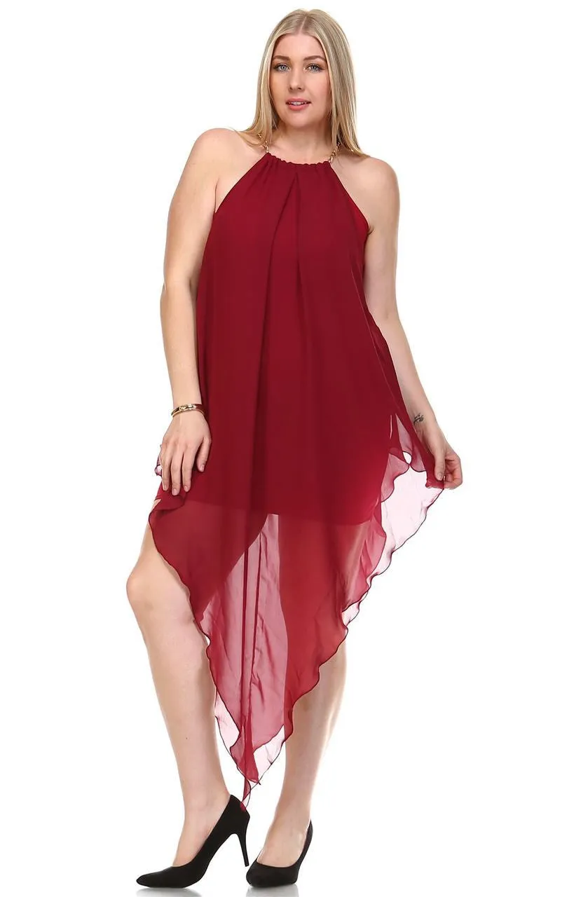 Plus Size Cocktail Dress Asymmetrical Hem with Gold Chains Royal Burgundy