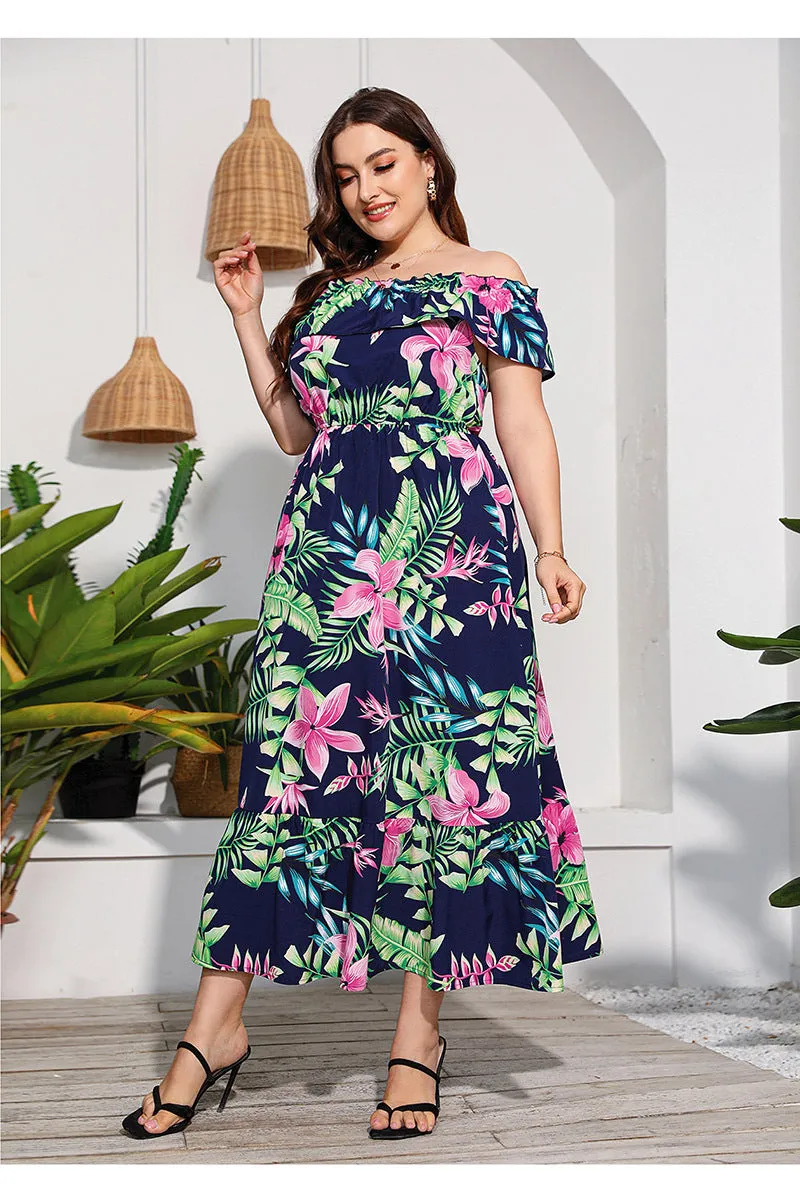 Plus Size off Neck Tube Top Color Printed Dress