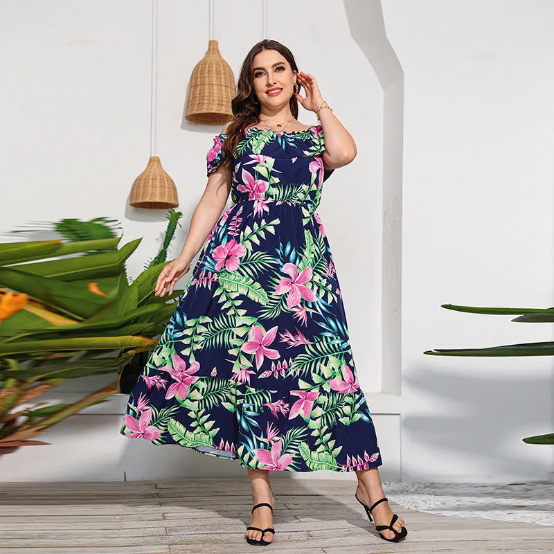 Plus Size off Neck Tube Top Color Printed Dress