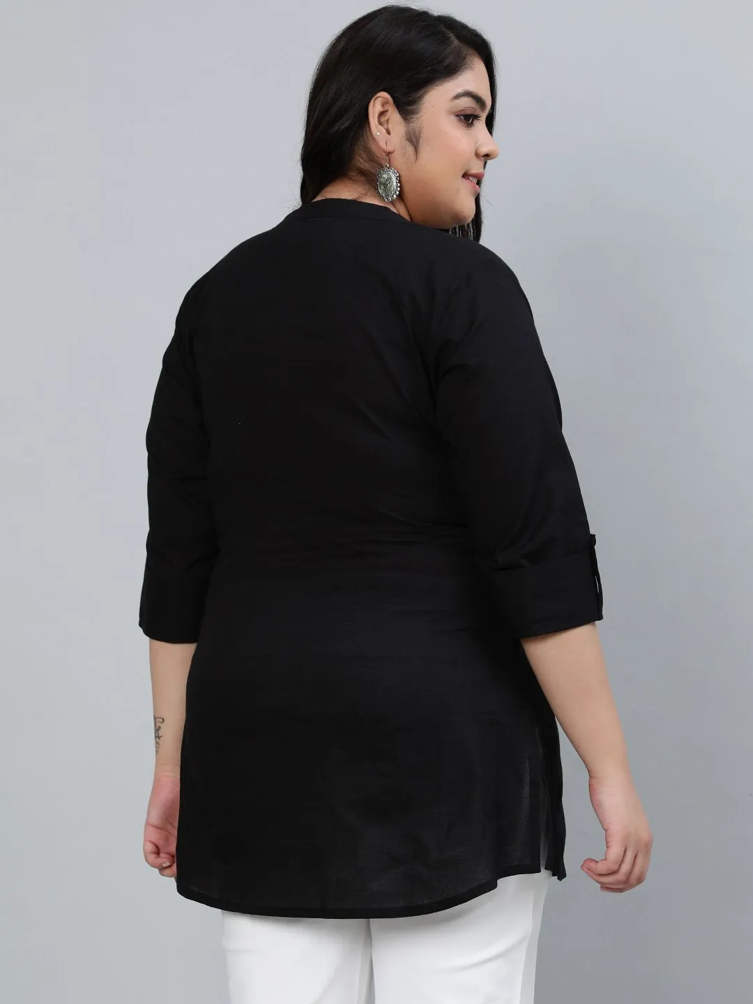 Plus Size Women Black Pleated Tunic With Three Quarter Sleeves