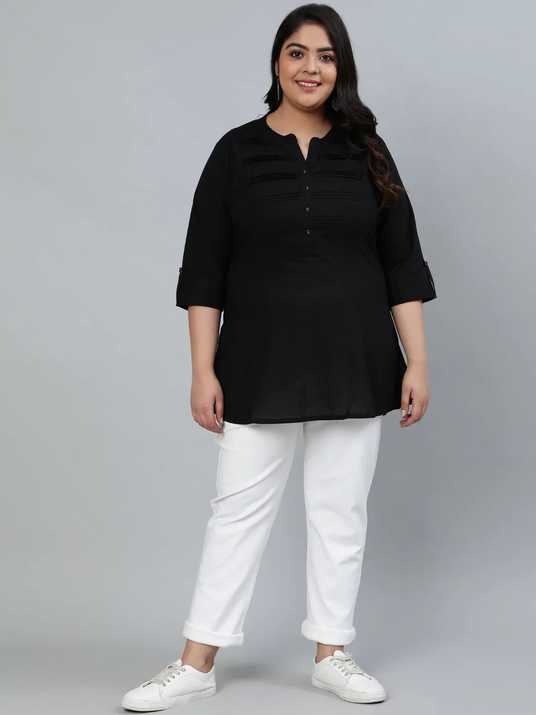 Plus Size Women Black Pleated Tunic With Three Quarter Sleeves