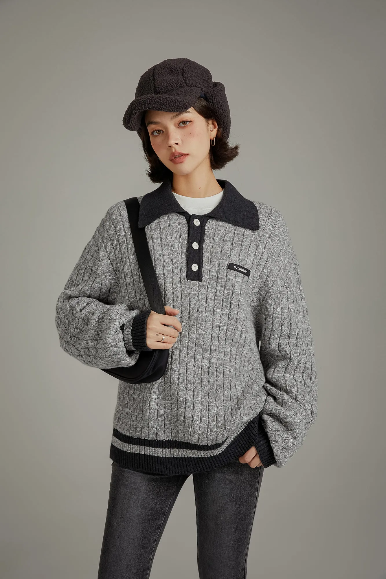 Polo Neck Twist Knit Sweater