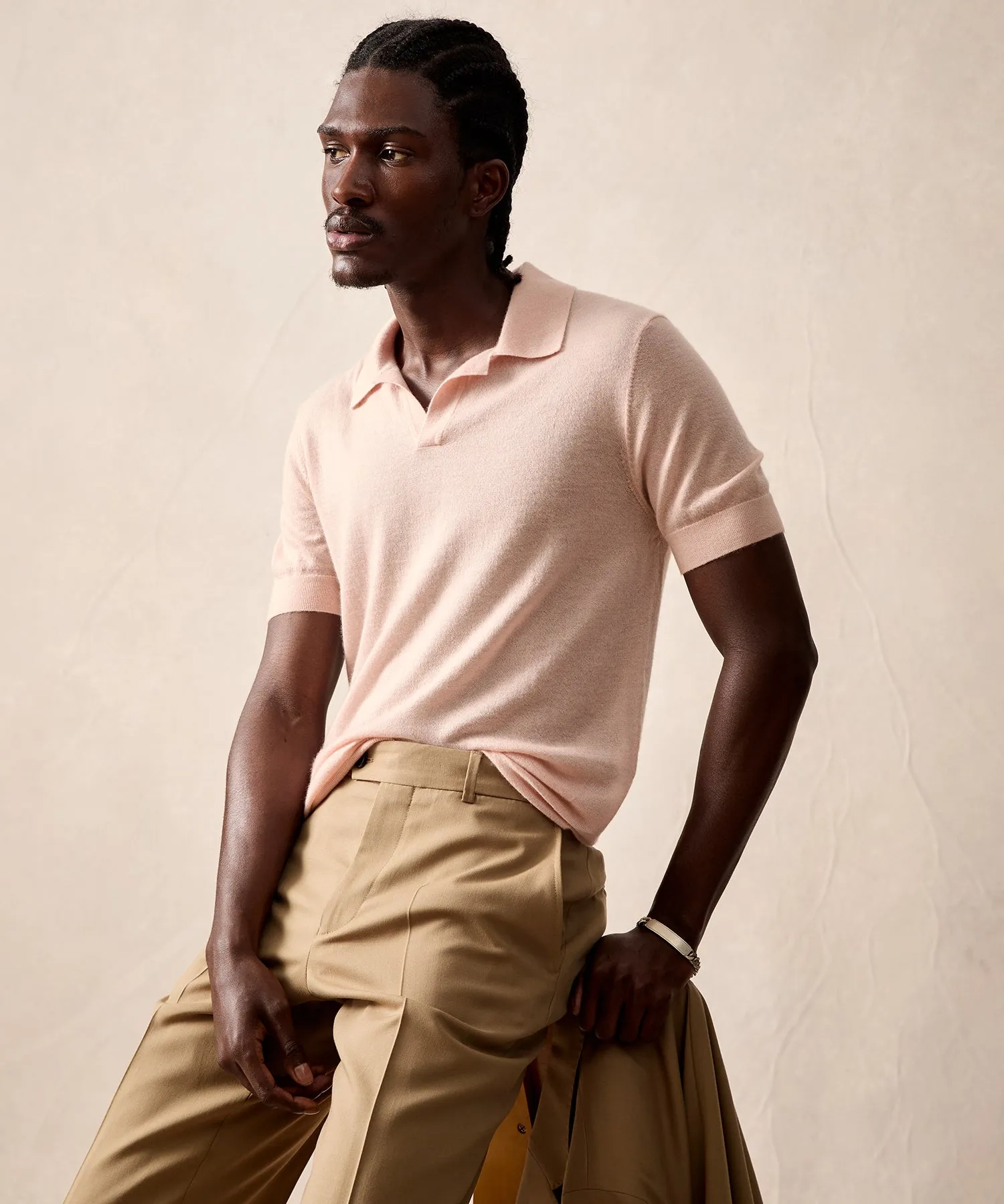 Premium Cashmere Montauk Polo in Shell Pink