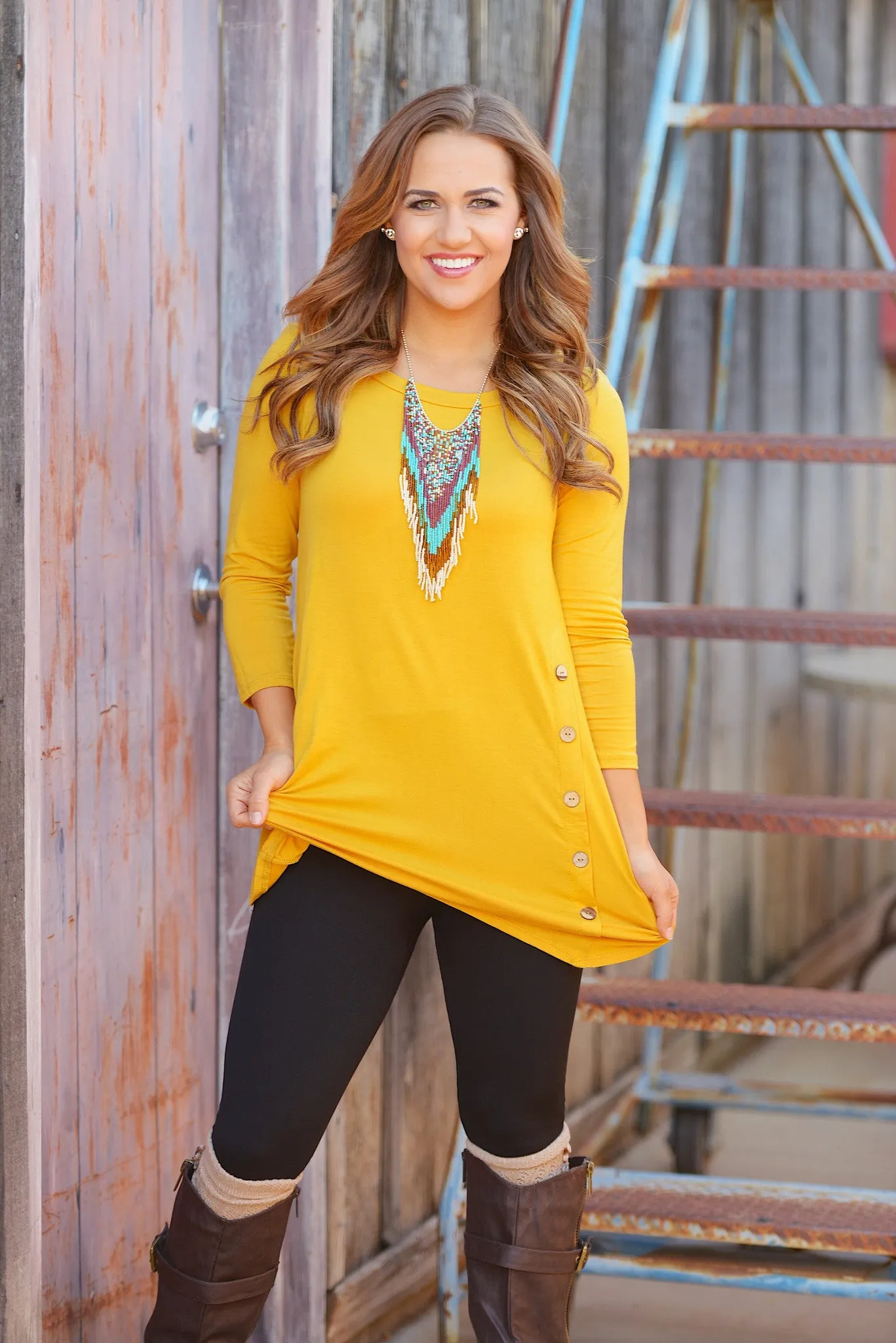 Push My Buttons Tunic - Mustard (Small- 3XL)