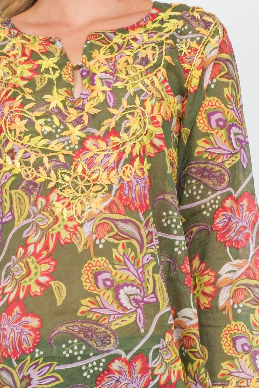 RAJ CARLYLE OLIVE/MULTI PRINTED EMBROIDERED TUNIC