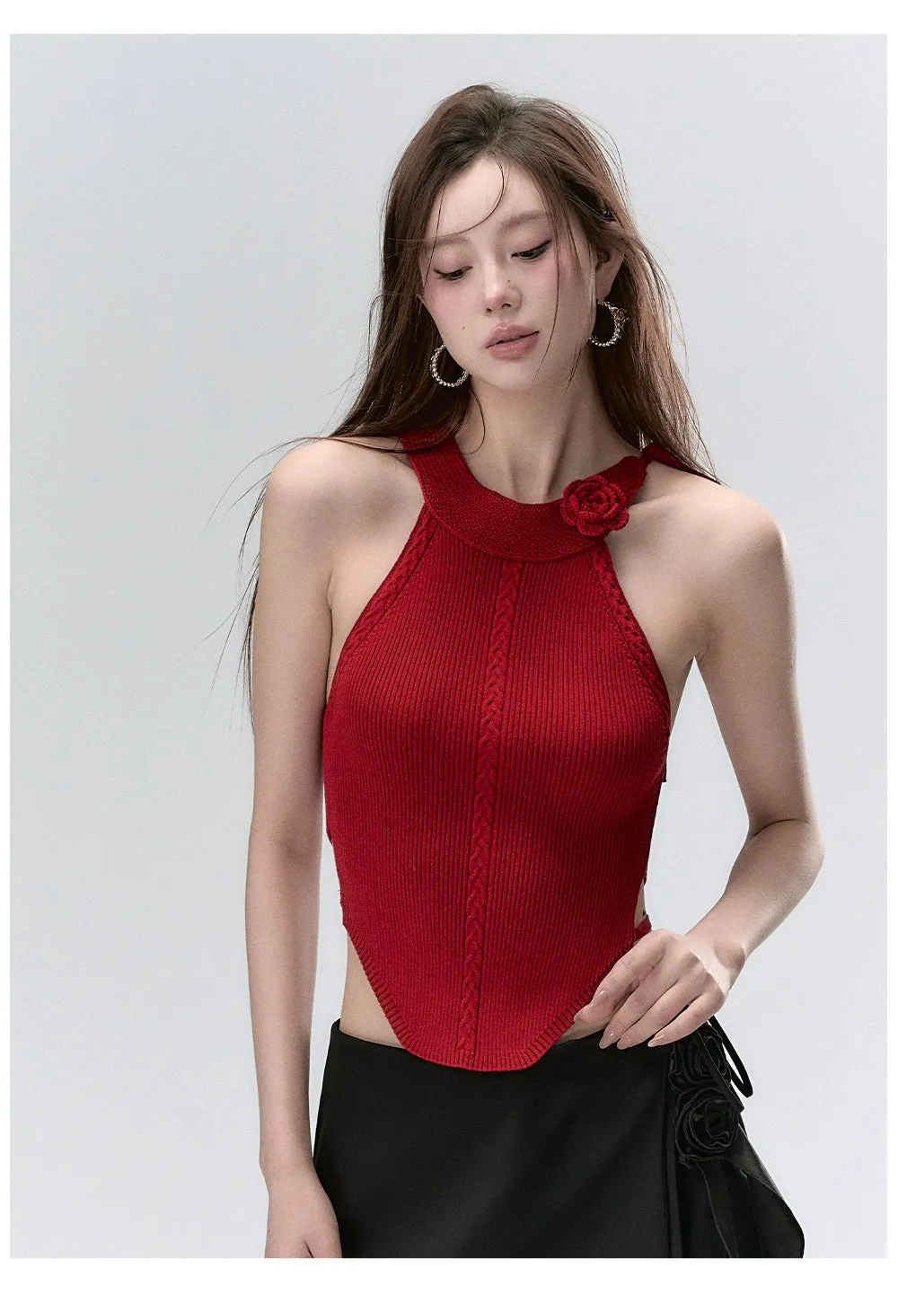 Red & Beige Rose Decor Crewneck Knitted Vest