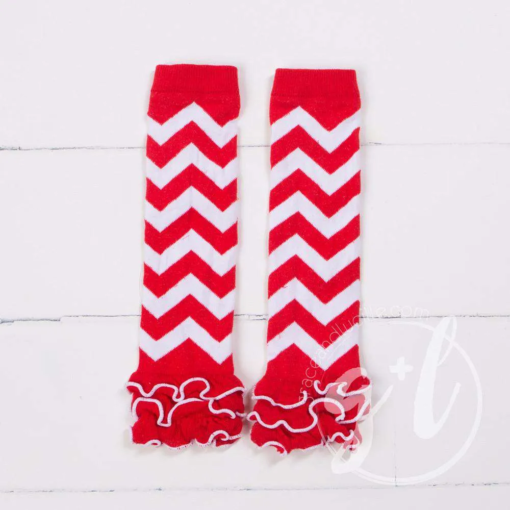 Red & White Chevron Ruffled Hem Leg Warmers