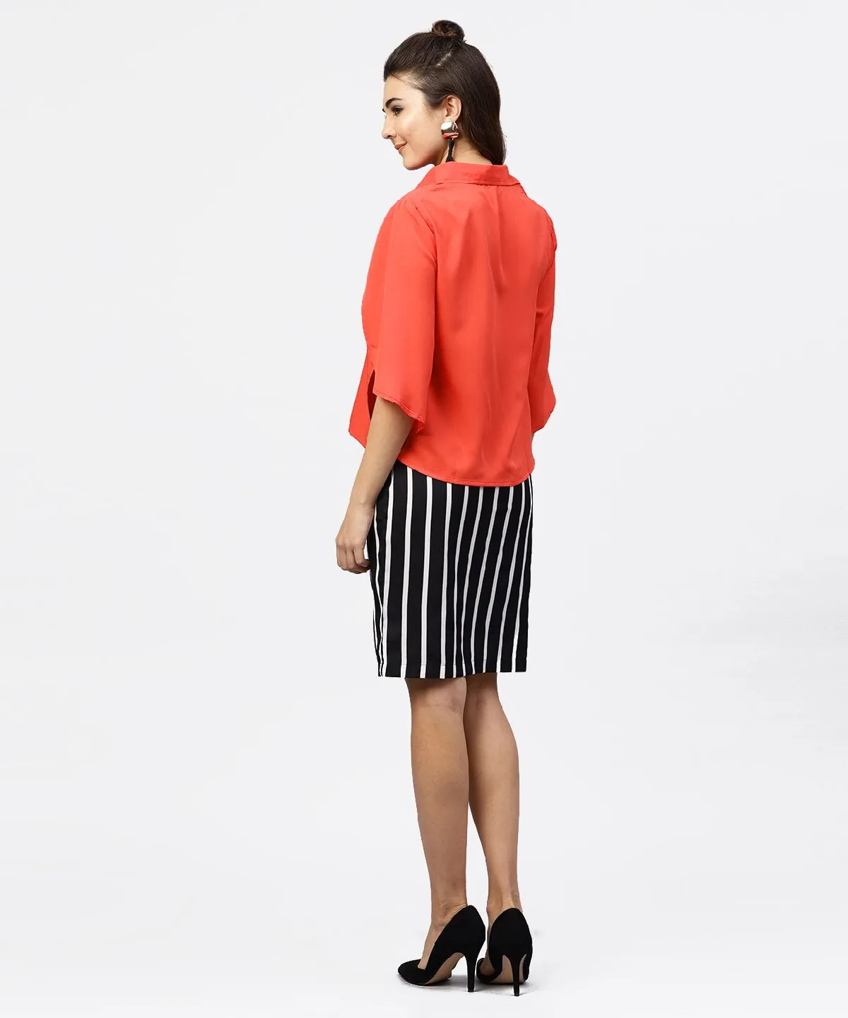 Red Cape Sleeves Formal Shirt Set With Midi Striped Skirt