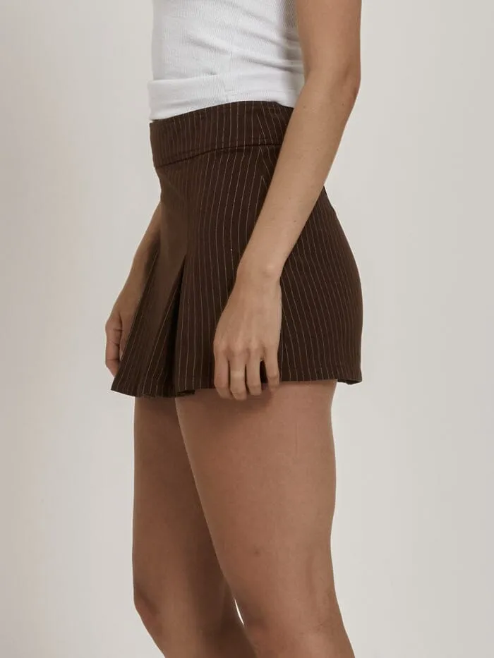 Reese Pinstripe Pleated Skirt - Brown