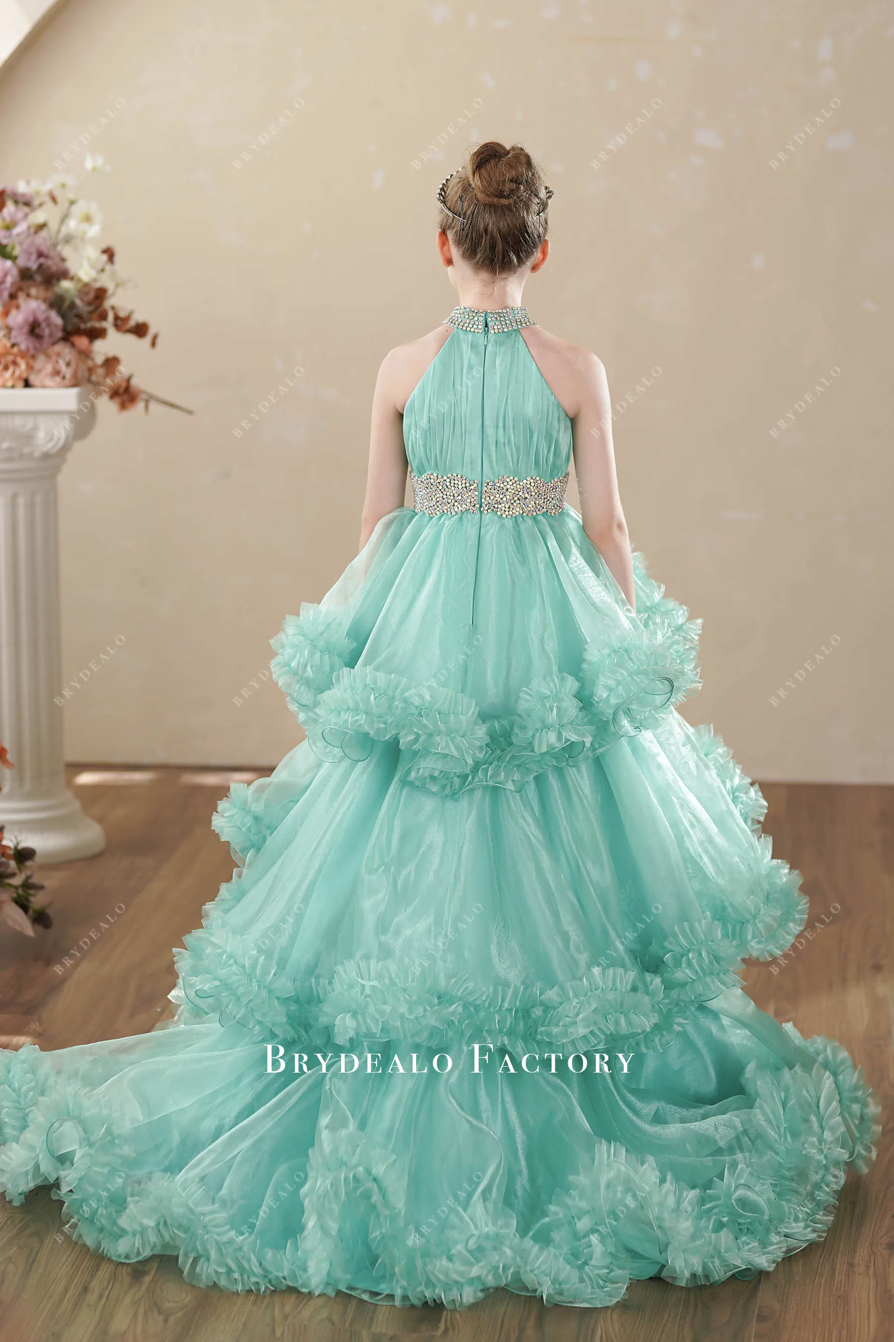 Rhinestones Turquoise Organza Tiered Junior Pageant Gown