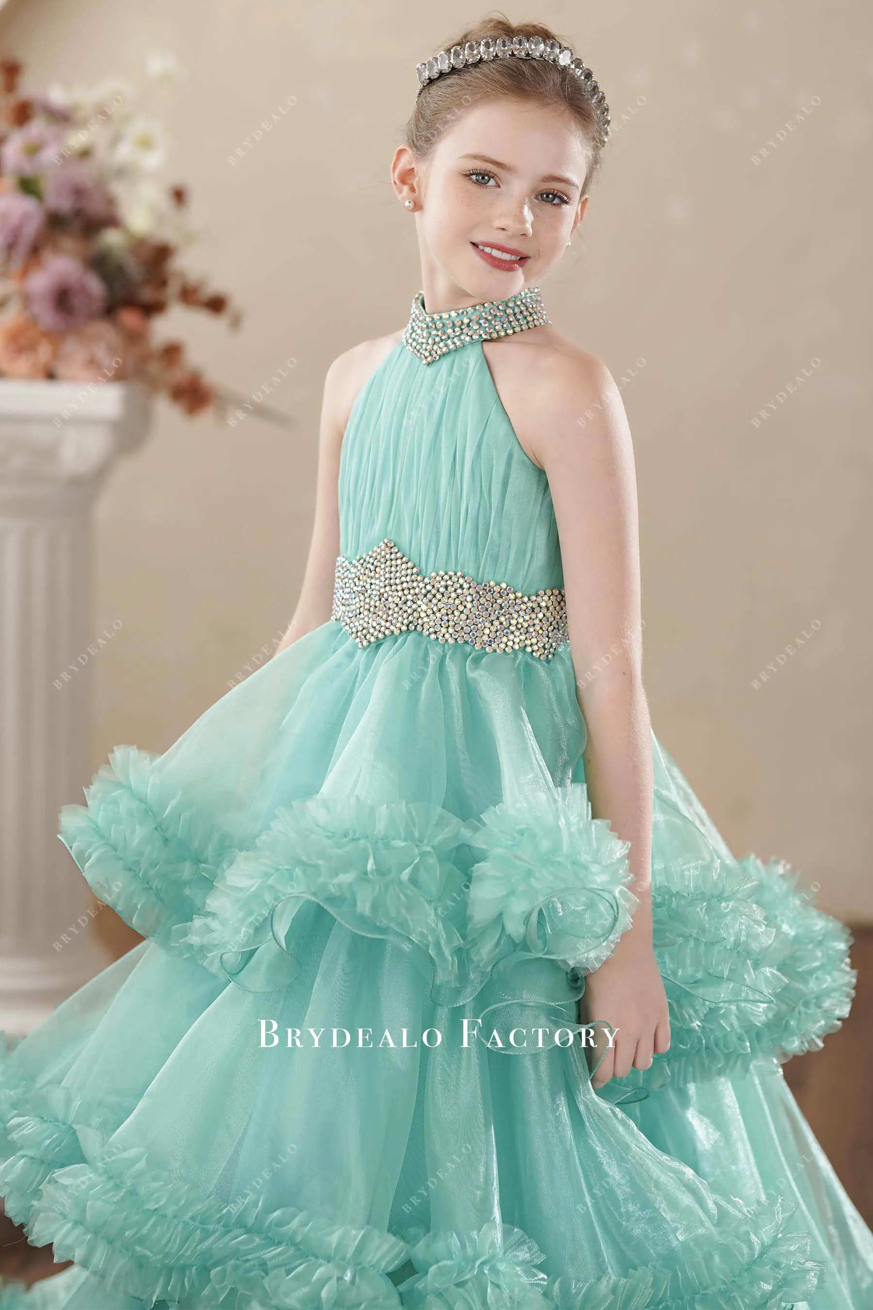 Rhinestones Turquoise Organza Tiered Junior Pageant Gown