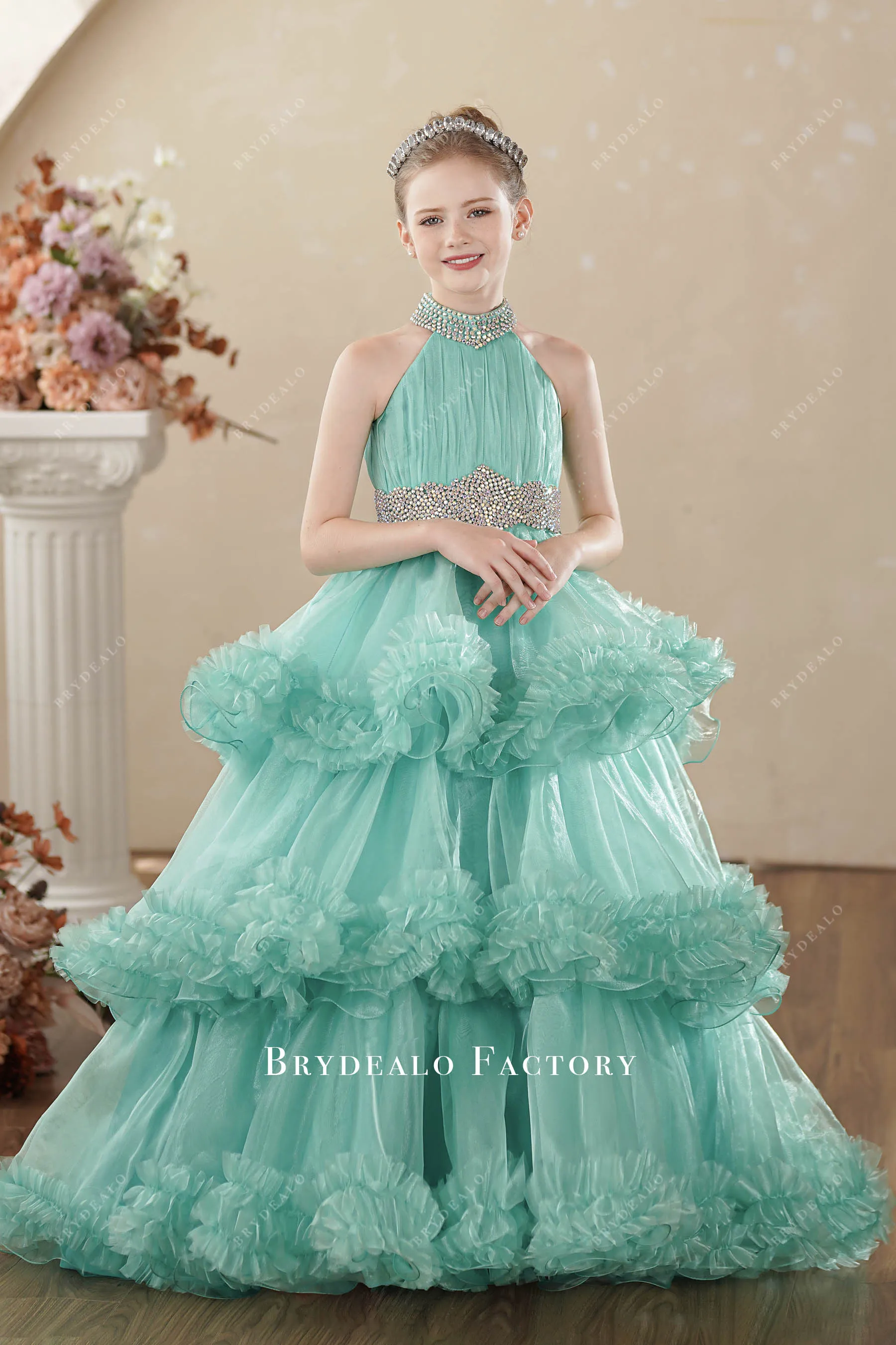 Rhinestones Turquoise Organza Tiered Junior Pageant Gown