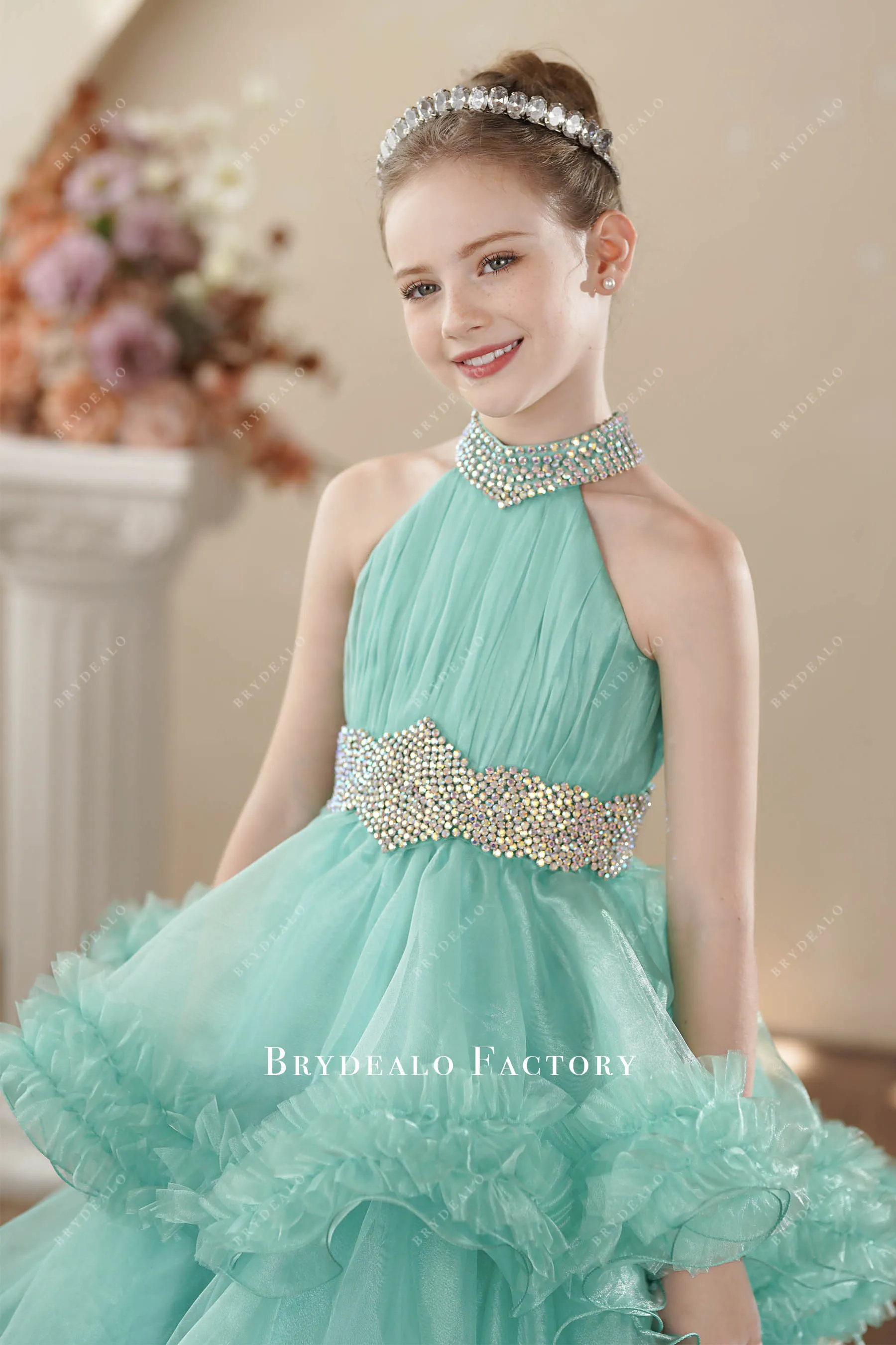 Rhinestones Turquoise Organza Tiered Junior Pageant Gown