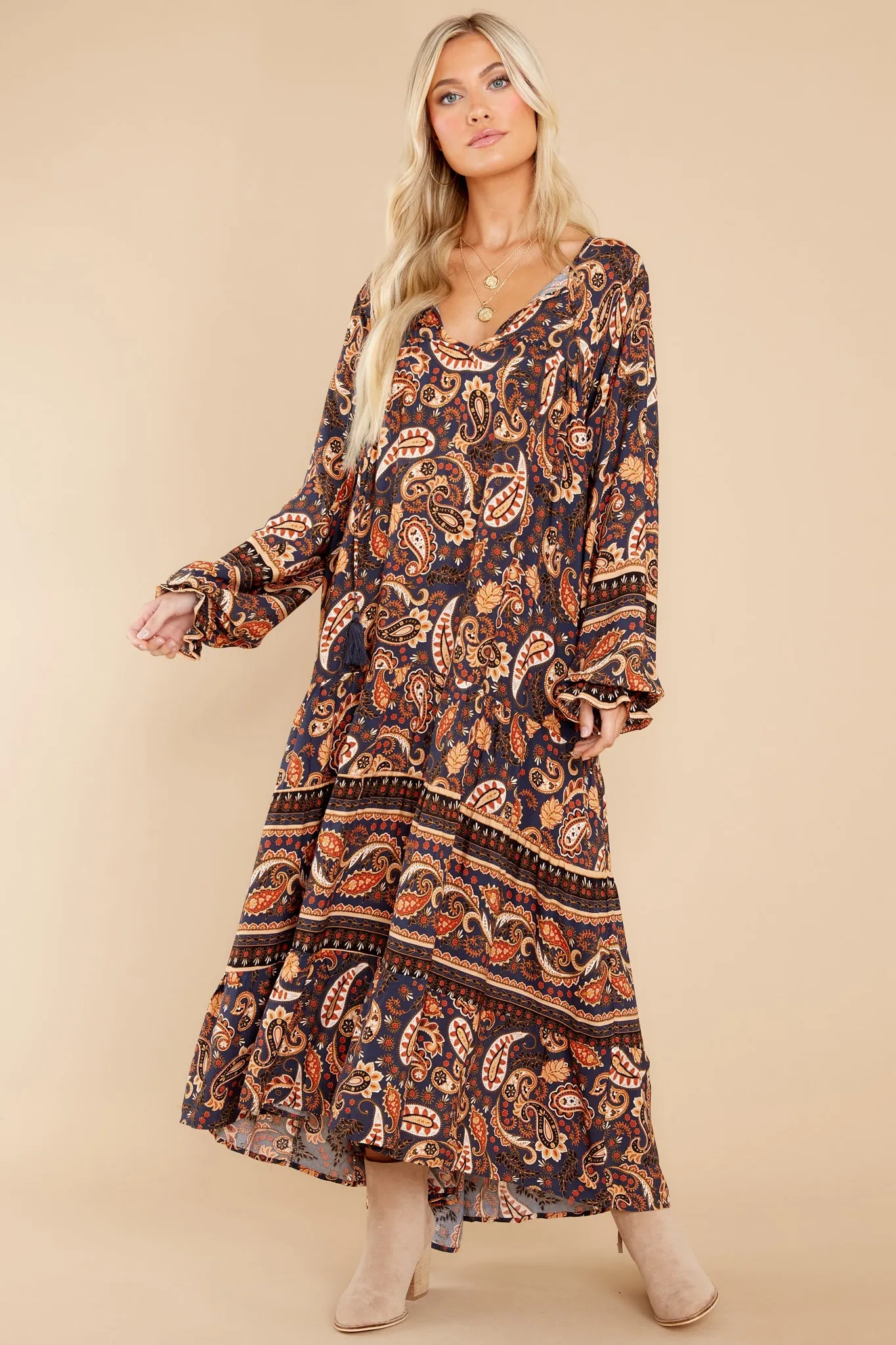 Rhythmic Precision Indigo And Rust Print Maxi Dress