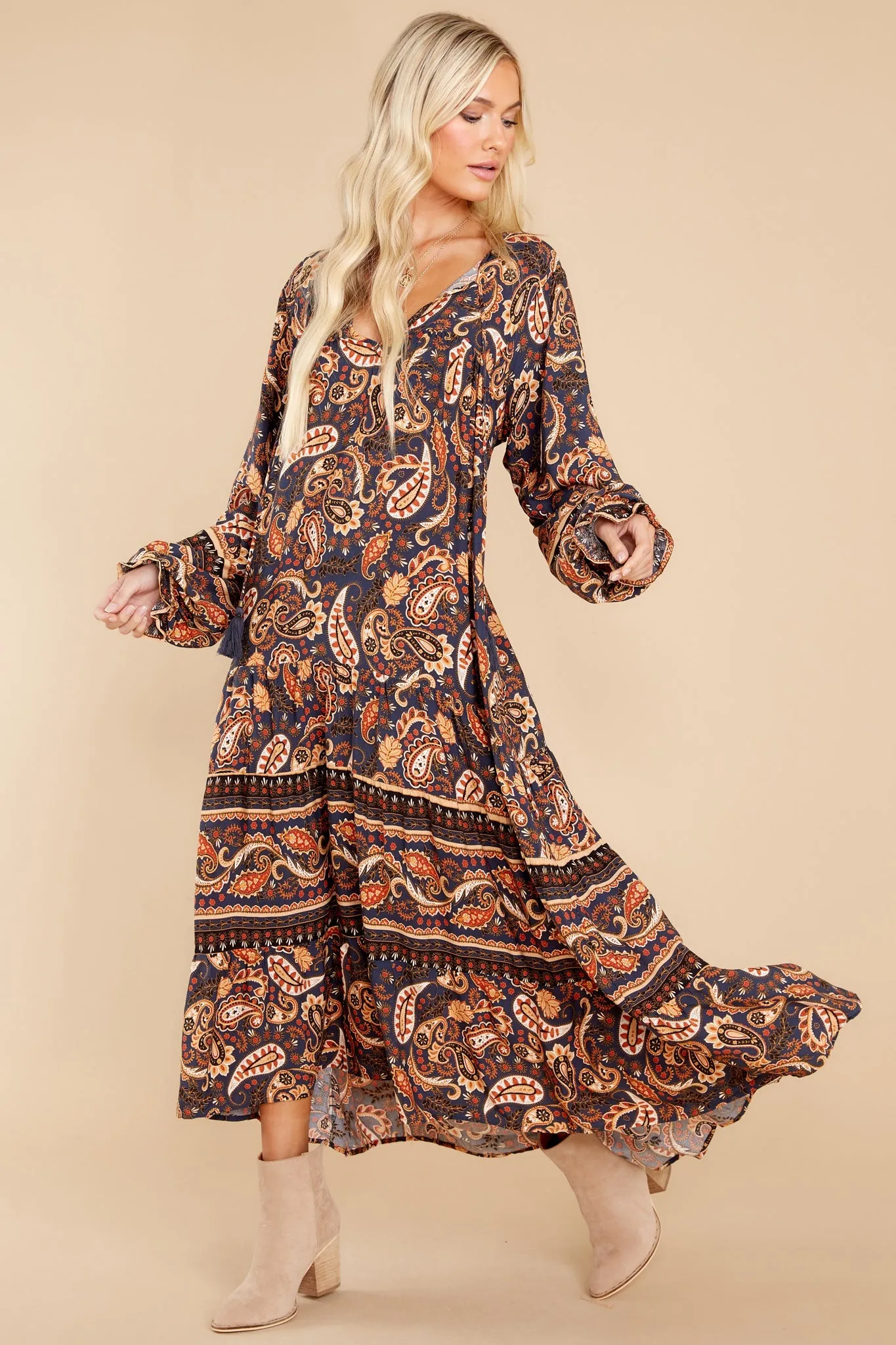 Rhythmic Precision Indigo And Rust Print Maxi Dress