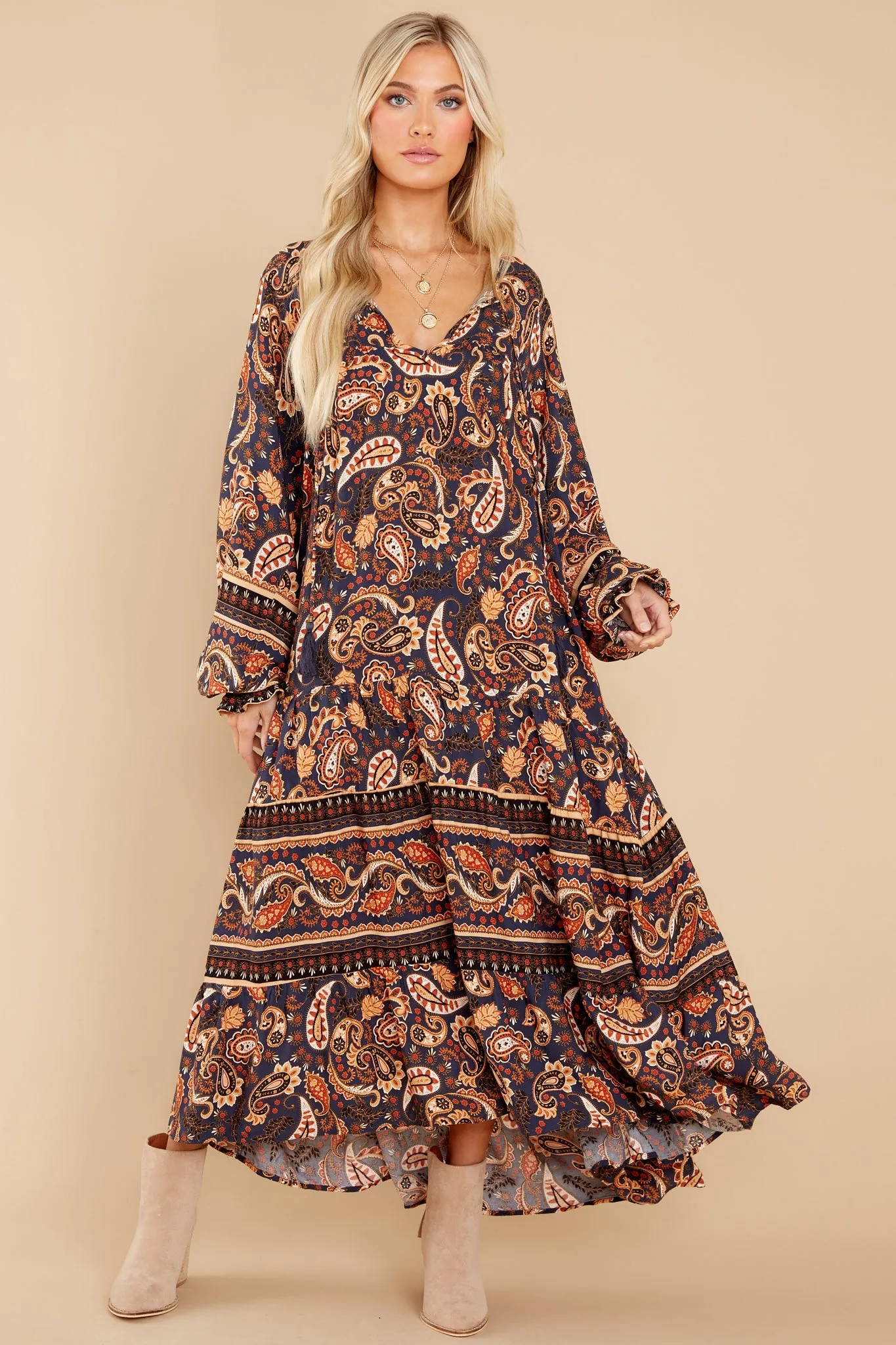 Rhythmic Precision Indigo And Rust Print Maxi Dress