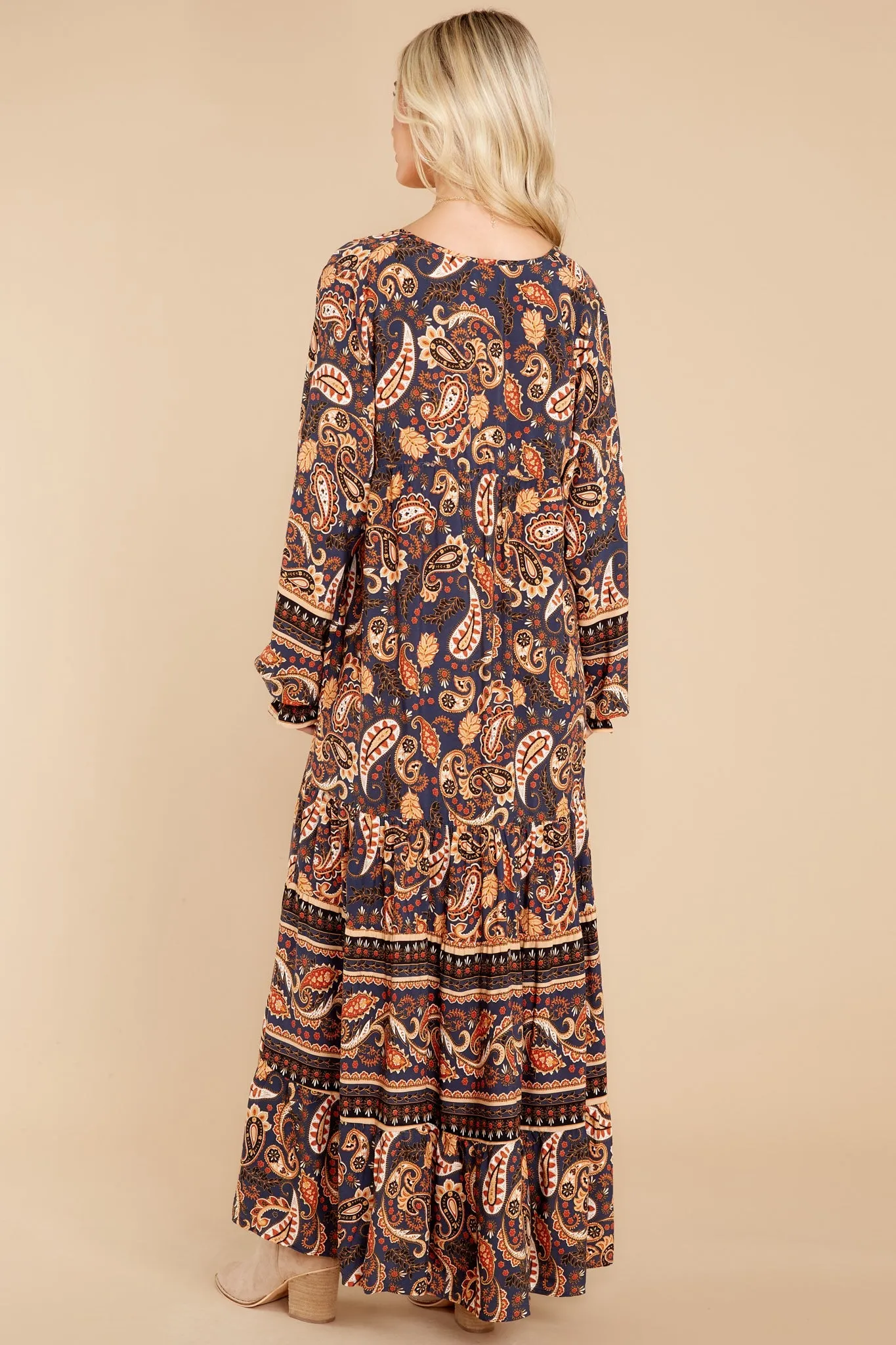 Rhythmic Precision Indigo And Rust Print Maxi Dress