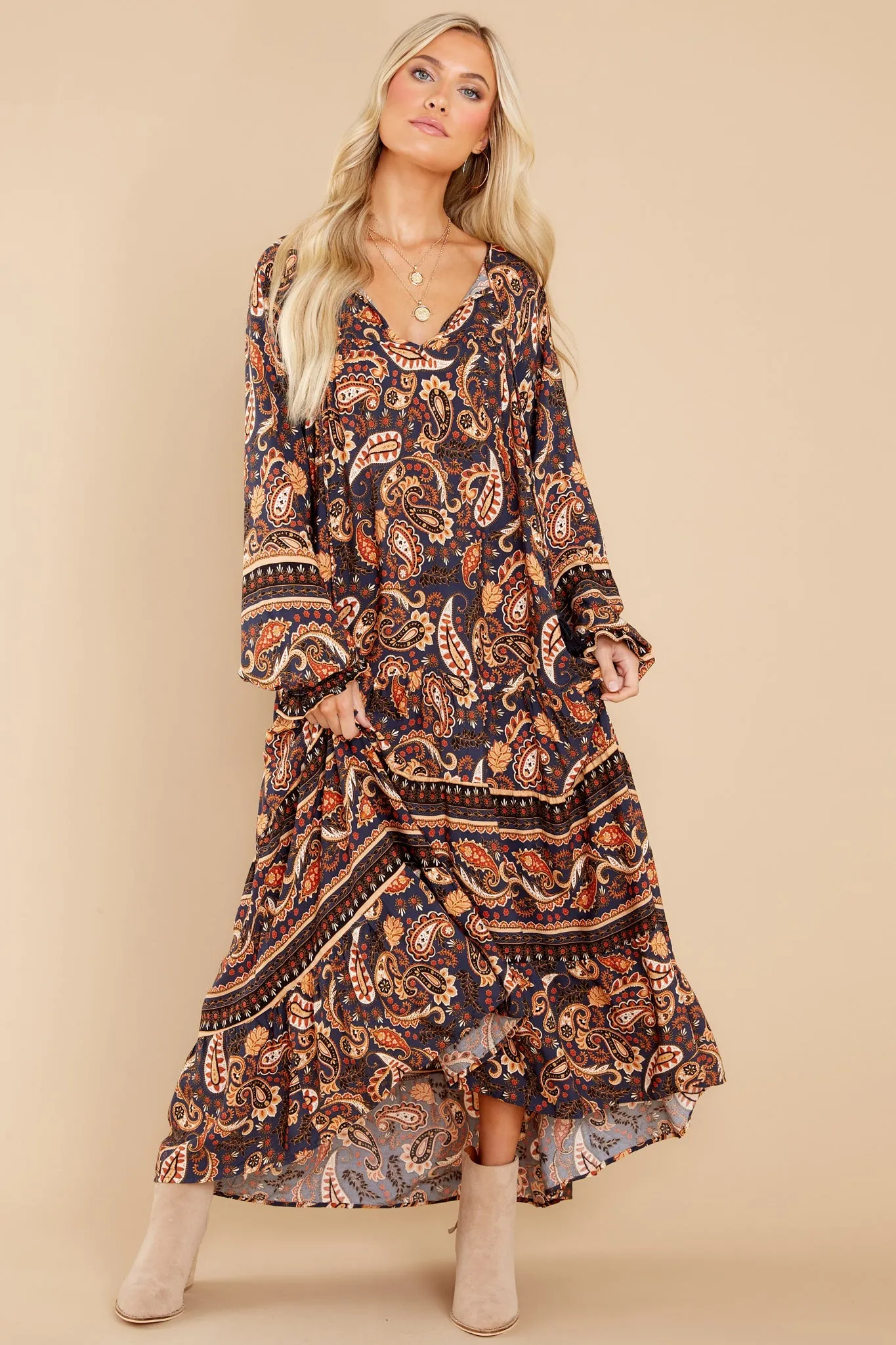 Rhythmic Precision Indigo And Rust Print Maxi Dress