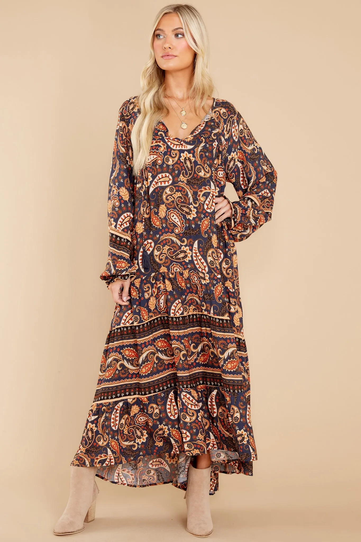 Rhythmic Precision Indigo And Rust Print Maxi Dress