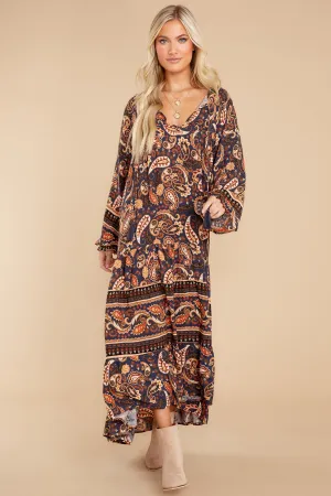 Rhythmic Precision Indigo And Rust Print Maxi Dress