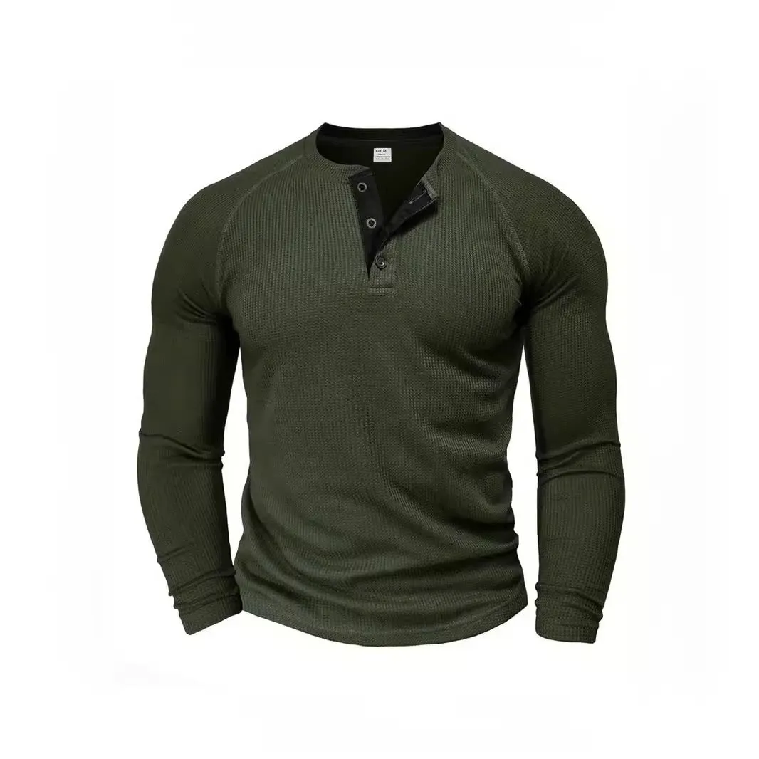 Riolio Spring and Autumn Men's T-shirt Youth round Neck Long Sleeve Henley Shirt Men's Casual Bottoming Shirt