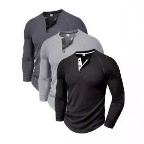 Riolio Spring and Autumn Men's T-shirt Youth round Neck Long Sleeve Henley Shirt Men's Casual Bottoming Shirt