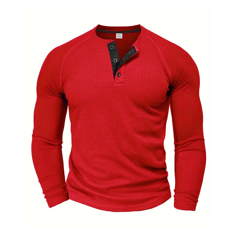 Riolio Spring and Autumn Men's T-shirt Youth round Neck Long Sleeve Henley Shirt Men's Casual Bottoming Shirt