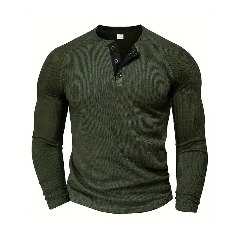 Riolio Spring and Autumn Men's T-shirt Youth round Neck Long Sleeve Henley Shirt Men's Casual Bottoming Shirt