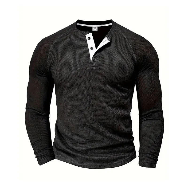 Riolio Spring and Autumn Men's T-shirt Youth round Neck Long Sleeve Henley Shirt Men's Casual Bottoming Shirt