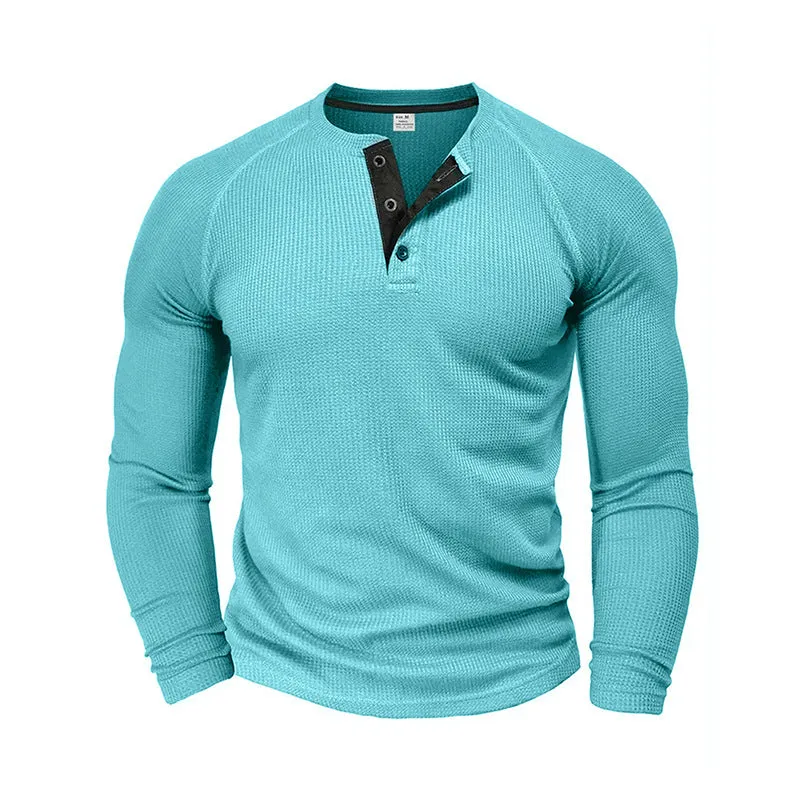 Riolio Spring and Autumn Men's T-shirt Youth round Neck Long Sleeve Henley Shirt Men's Casual Bottoming Shirt