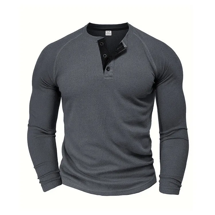 Riolio Spring and Autumn Men's T-shirt Youth round Neck Long Sleeve Henley Shirt Men's Casual Bottoming Shirt