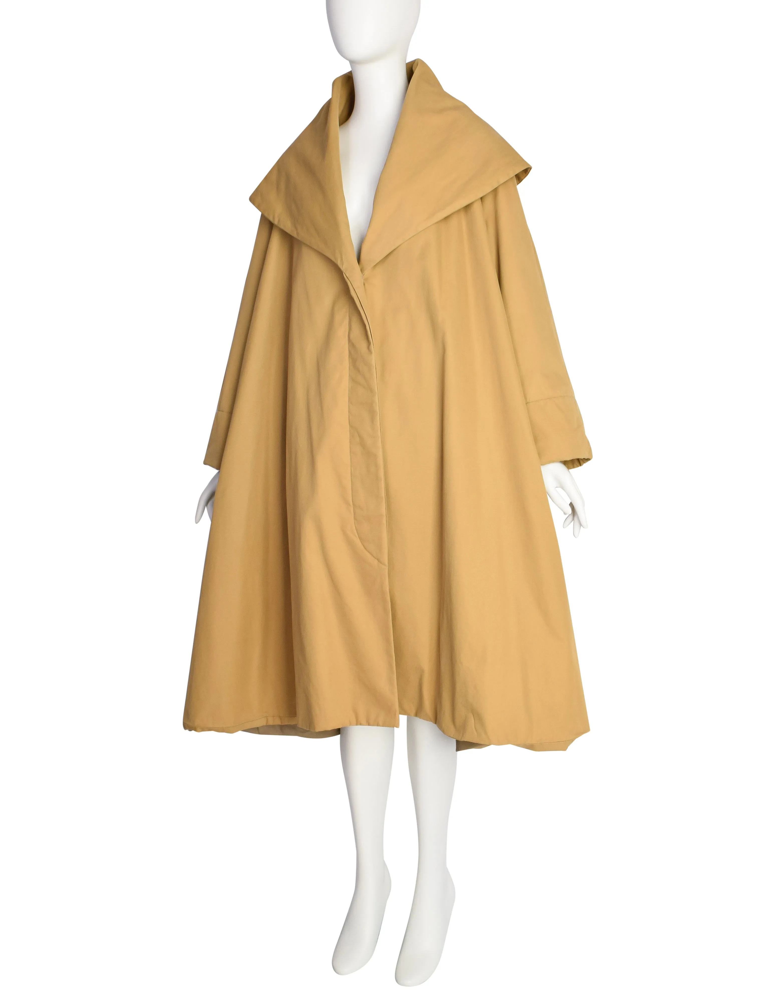 Romeo Gigli Vintage 1990 Mustard Seed Khaki Oversized Shawl Collar Hood A-Line Swing Coat