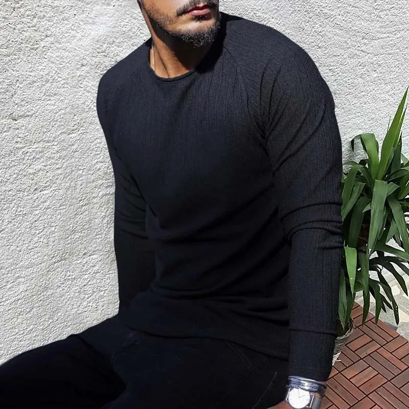 Round Neck Long Sleeve Slim Fit Solid Knit Sweater