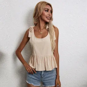 Ruffled Wholesale Tank Tops Casual Style Cotton And Linen Women Tops