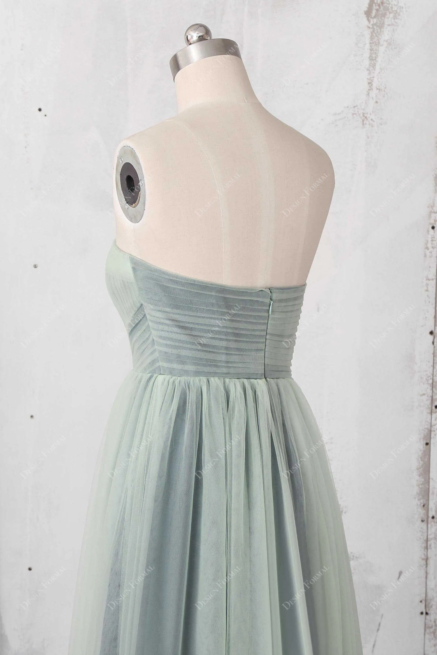 Sage Tulle Overlaid Strapless A-line Floor Length Dress