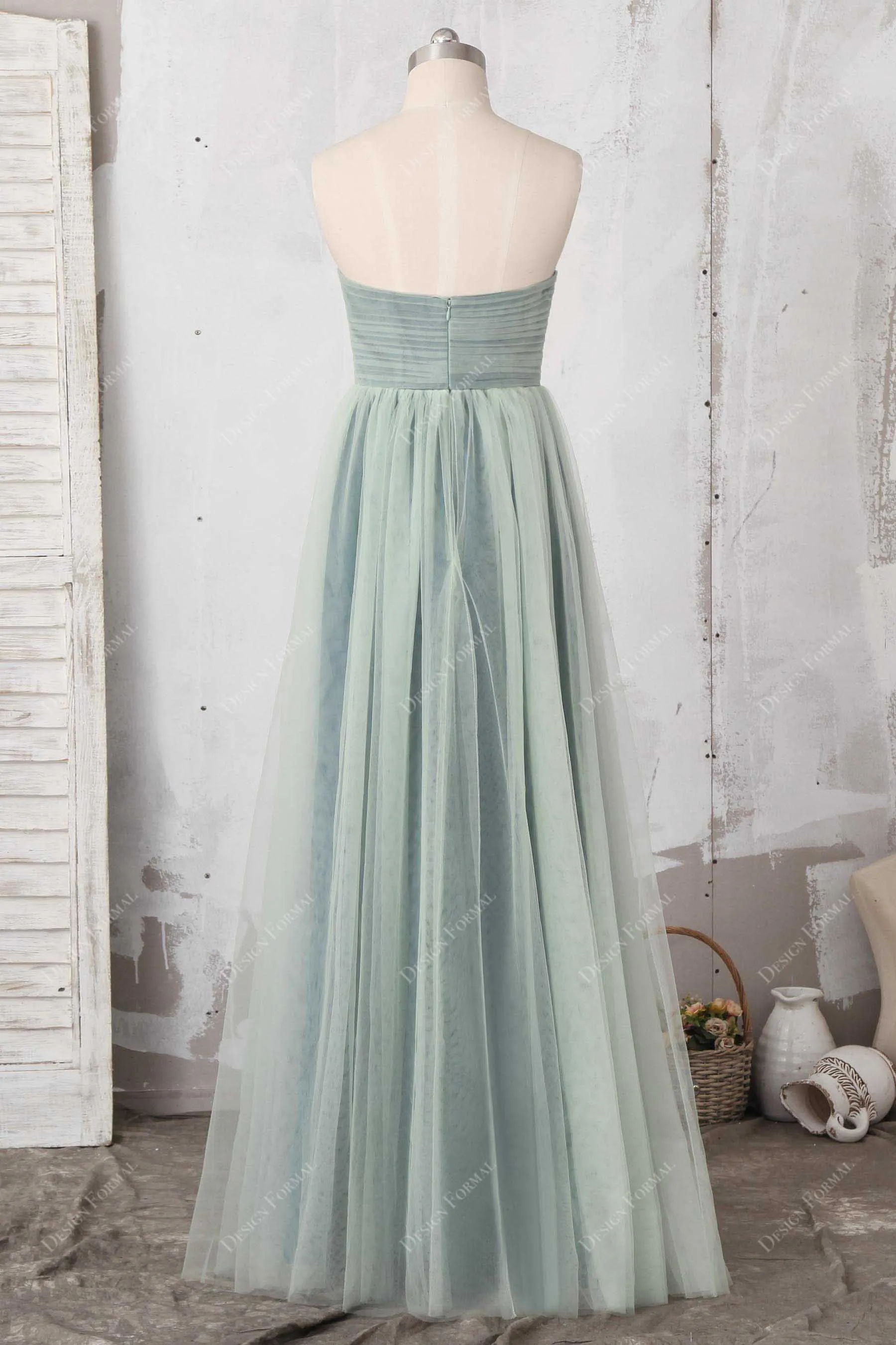 Sage Tulle Overlaid Strapless A-line Floor Length Dress