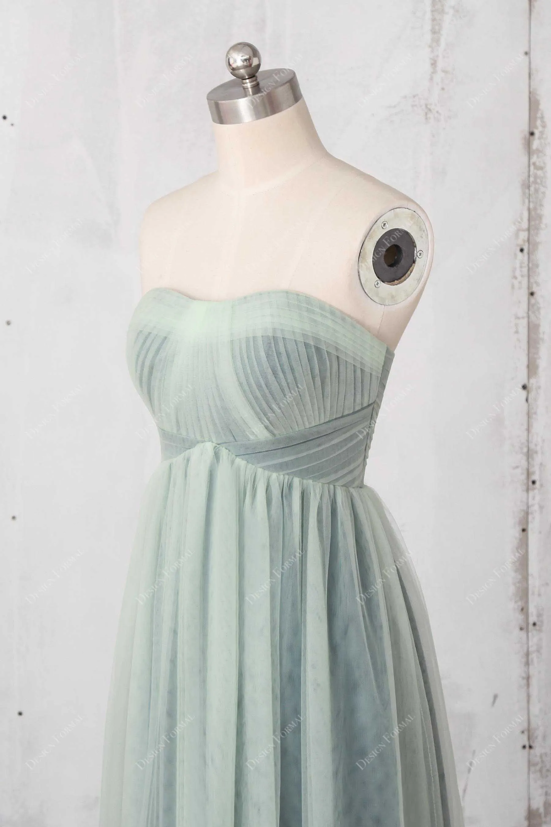 Sage Tulle Overlaid Strapless A-line Floor Length Dress