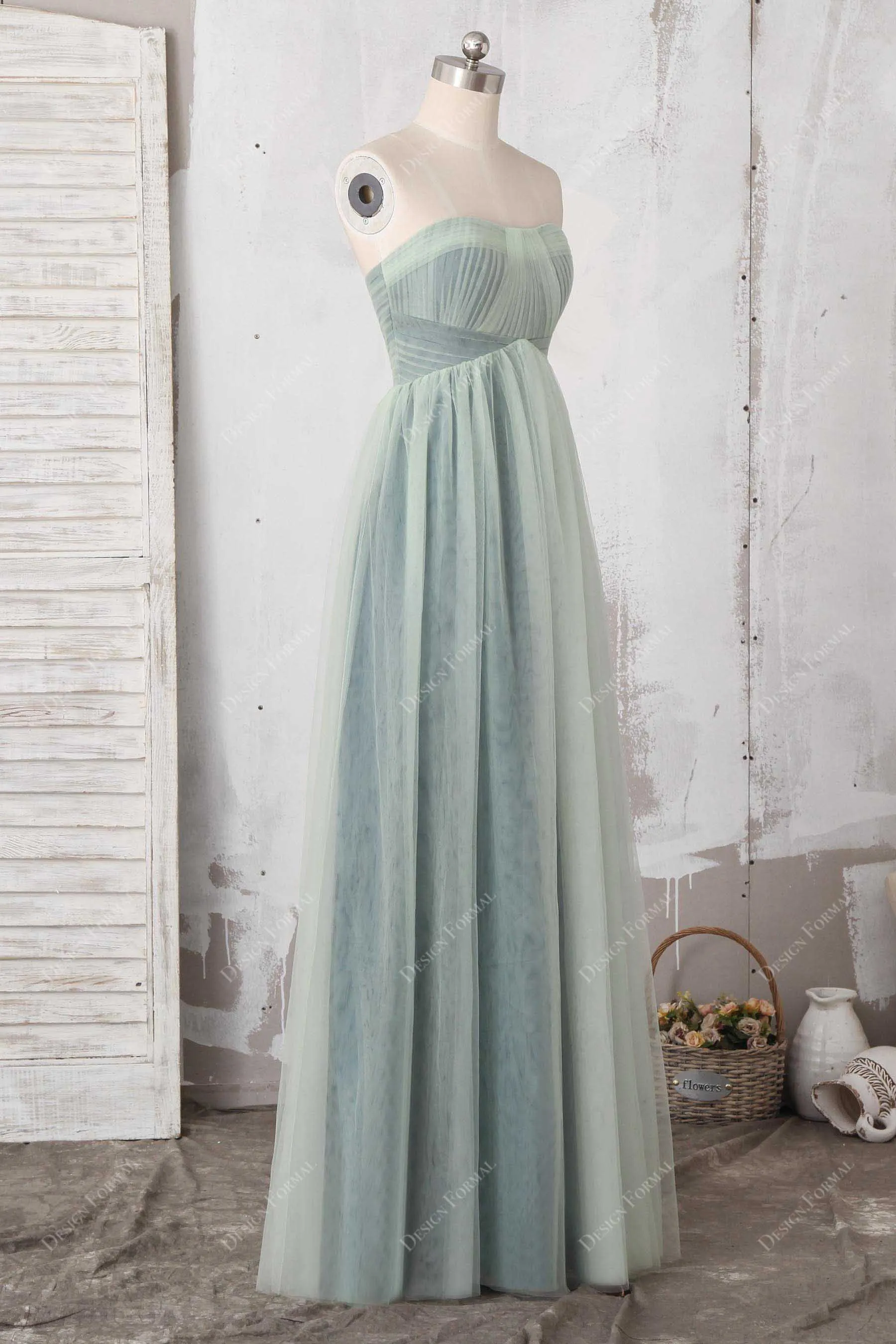 Sage Tulle Overlaid Strapless A-line Floor Length Dress