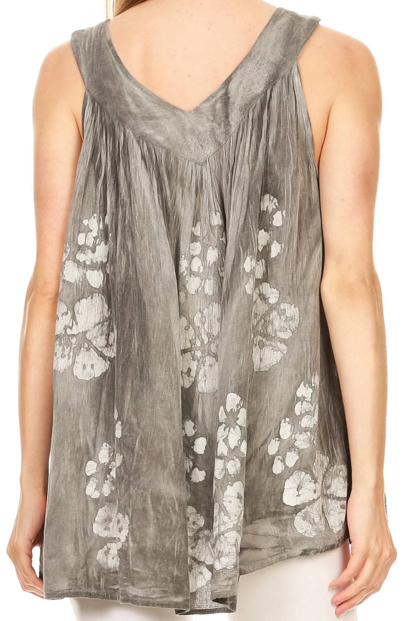 Sakkas Leila Stonewashed Batik V-Neck Tank with Sequins and Embroidery