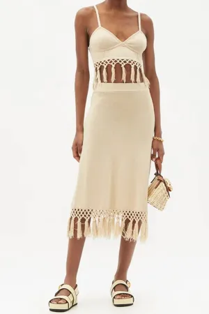 Sandstone Linen Tassel Midi Skirt