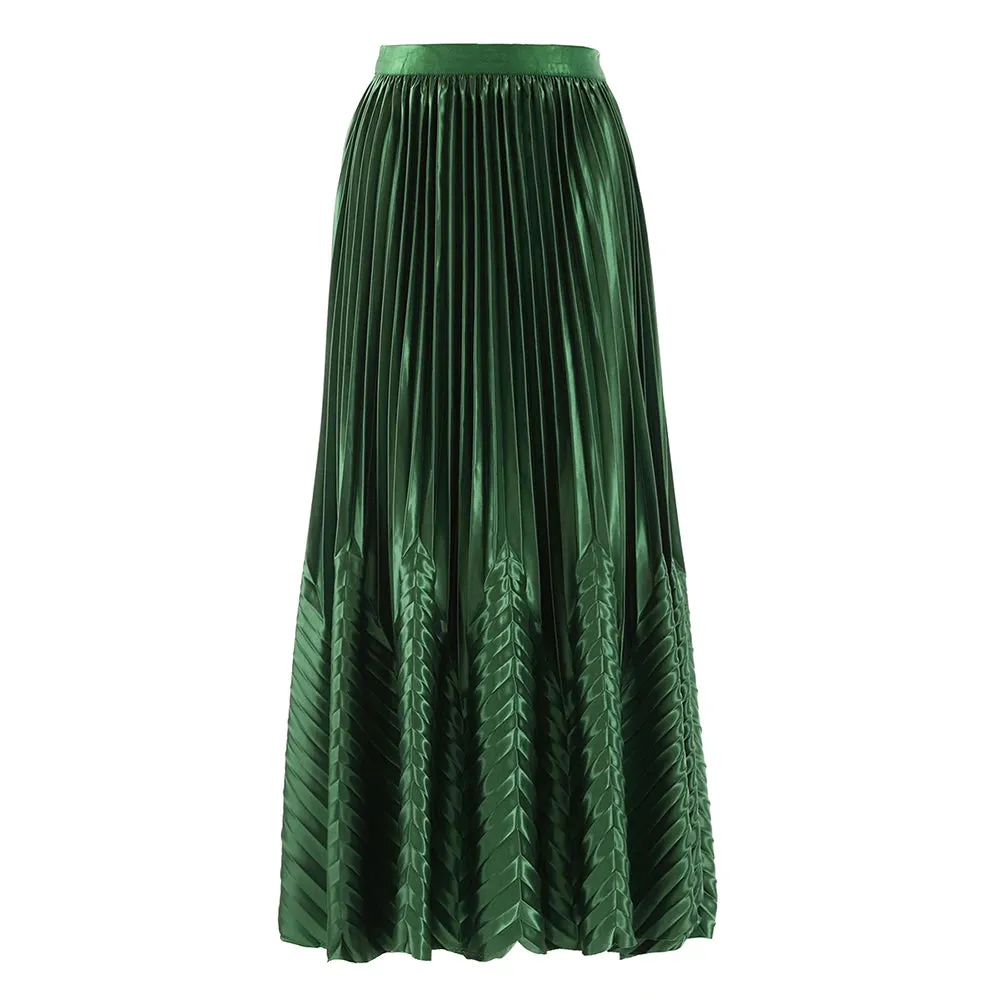 Satin A Line Pleated Skirts For Women High Waist Green Temperament Summer Skirt Female Fashion Clothing