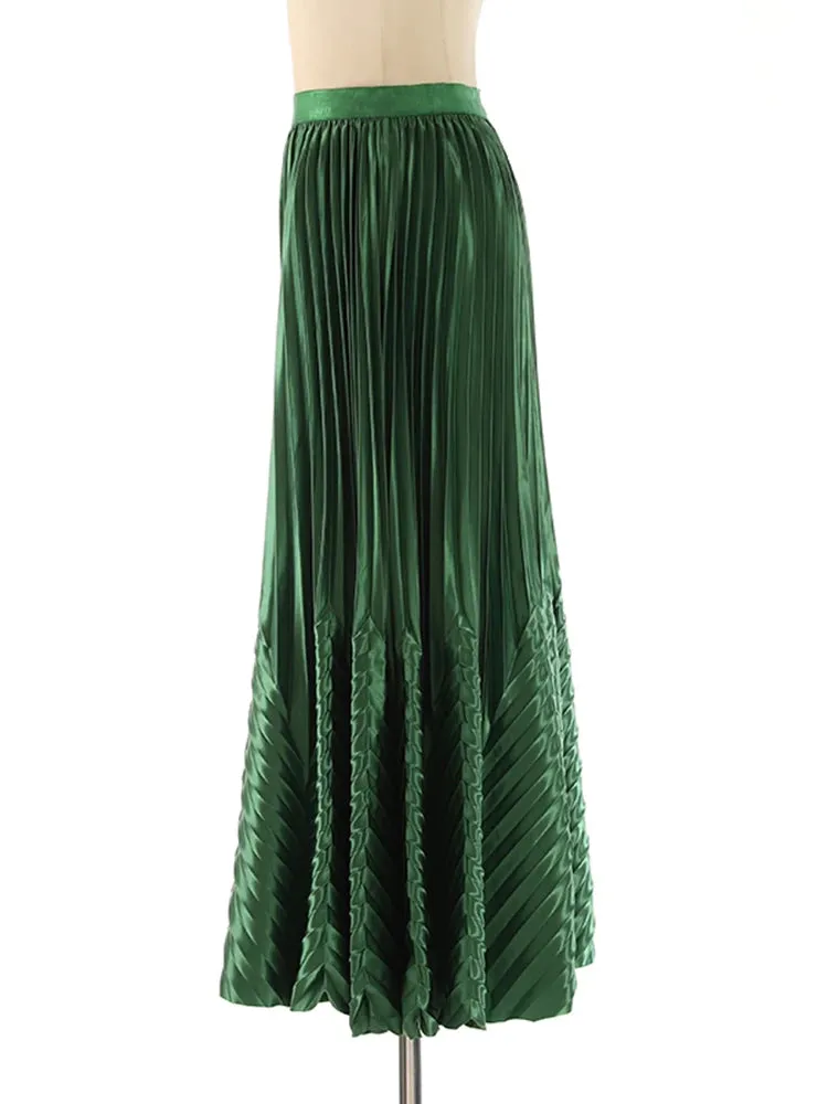 Satin A Line Pleated Skirts For Women High Waist Green Temperament Summer Skirt Female Fashion Clothing