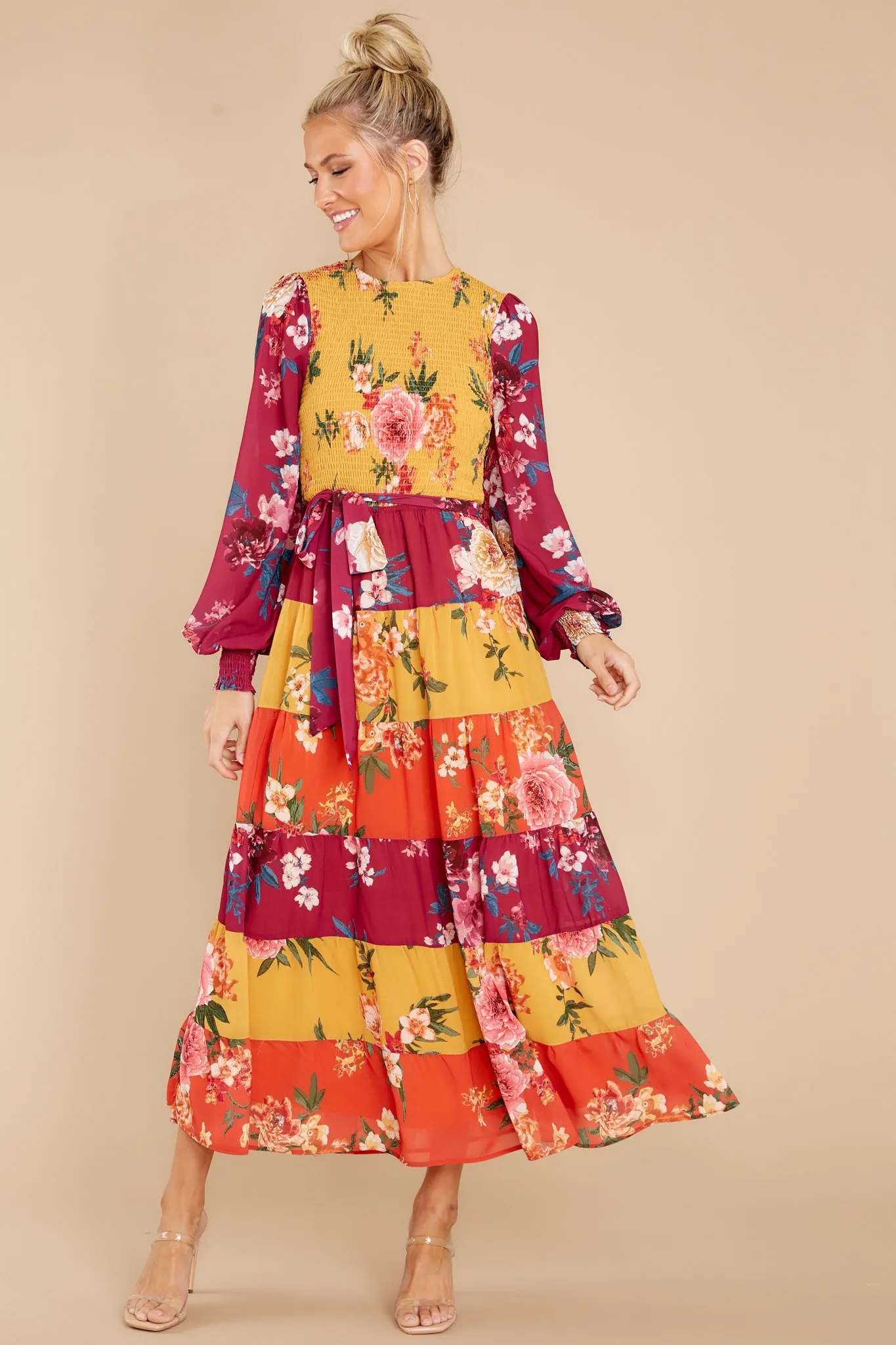 Save The Date Magenta And Mustard Floral Print Maxi Dress