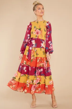 Save The Date Magenta And Mustard Floral Print Maxi Dress