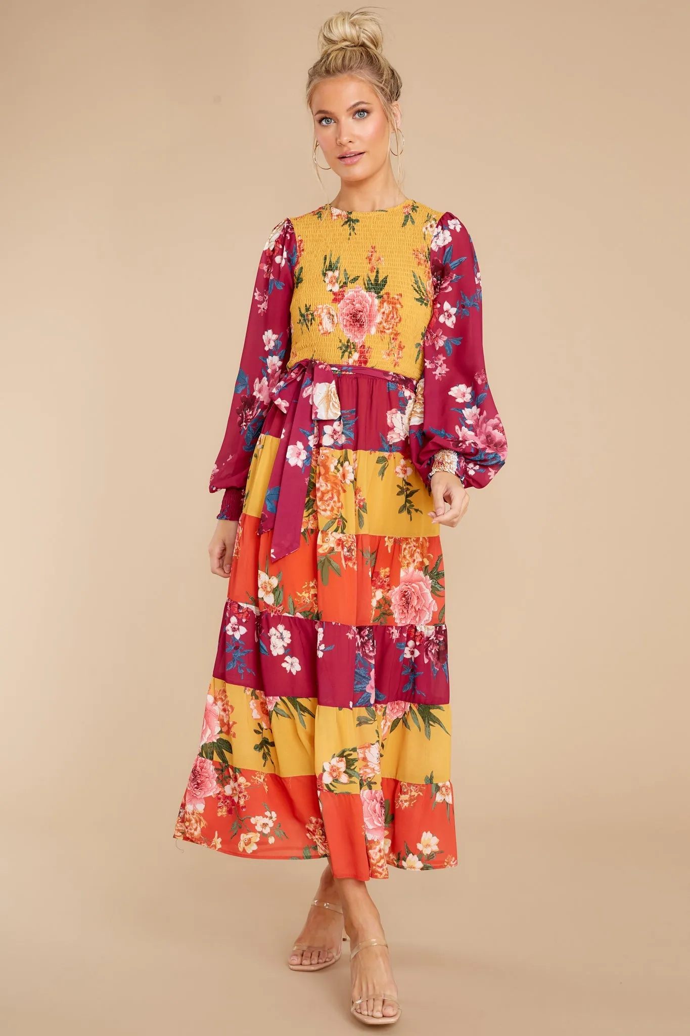 Save The Date Magenta And Mustard Floral Print Maxi Dress