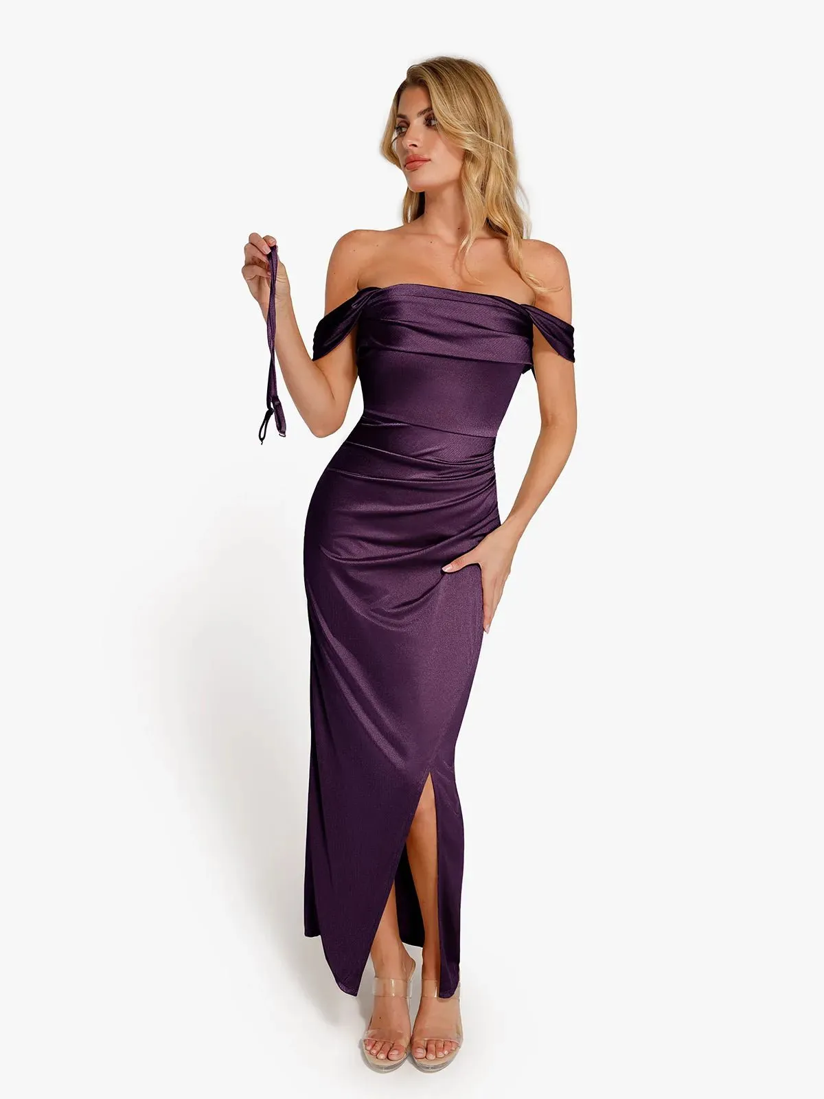 Shapewear Off Shoulder Shine Ruched Sculpting Maxi Dress