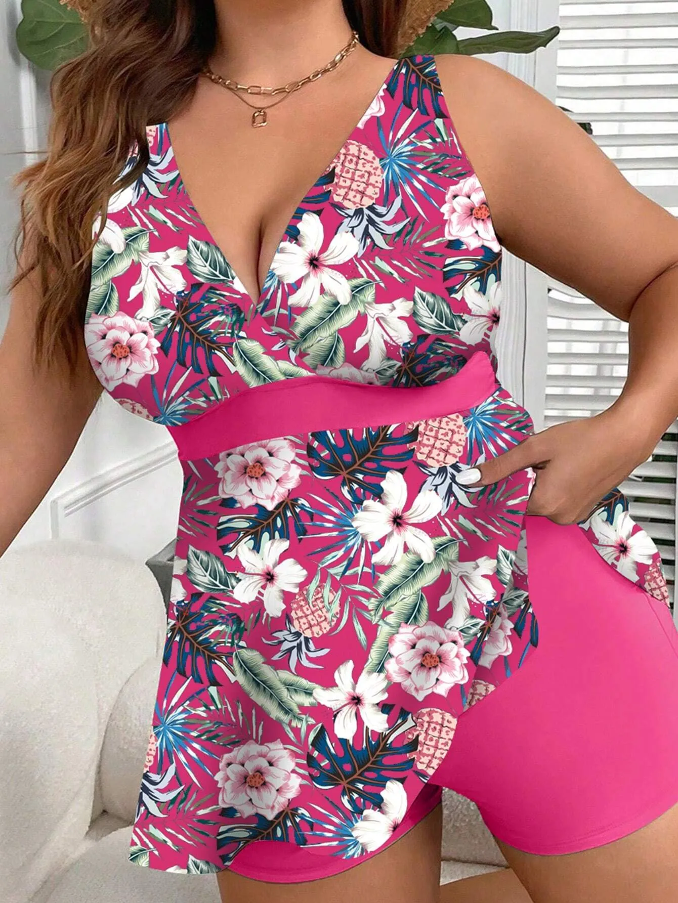 SHEIN Swim Lushore Plus Size Women's Random Printed Simple Daily Vest-Style Swimsuit (Copyright Purchased)