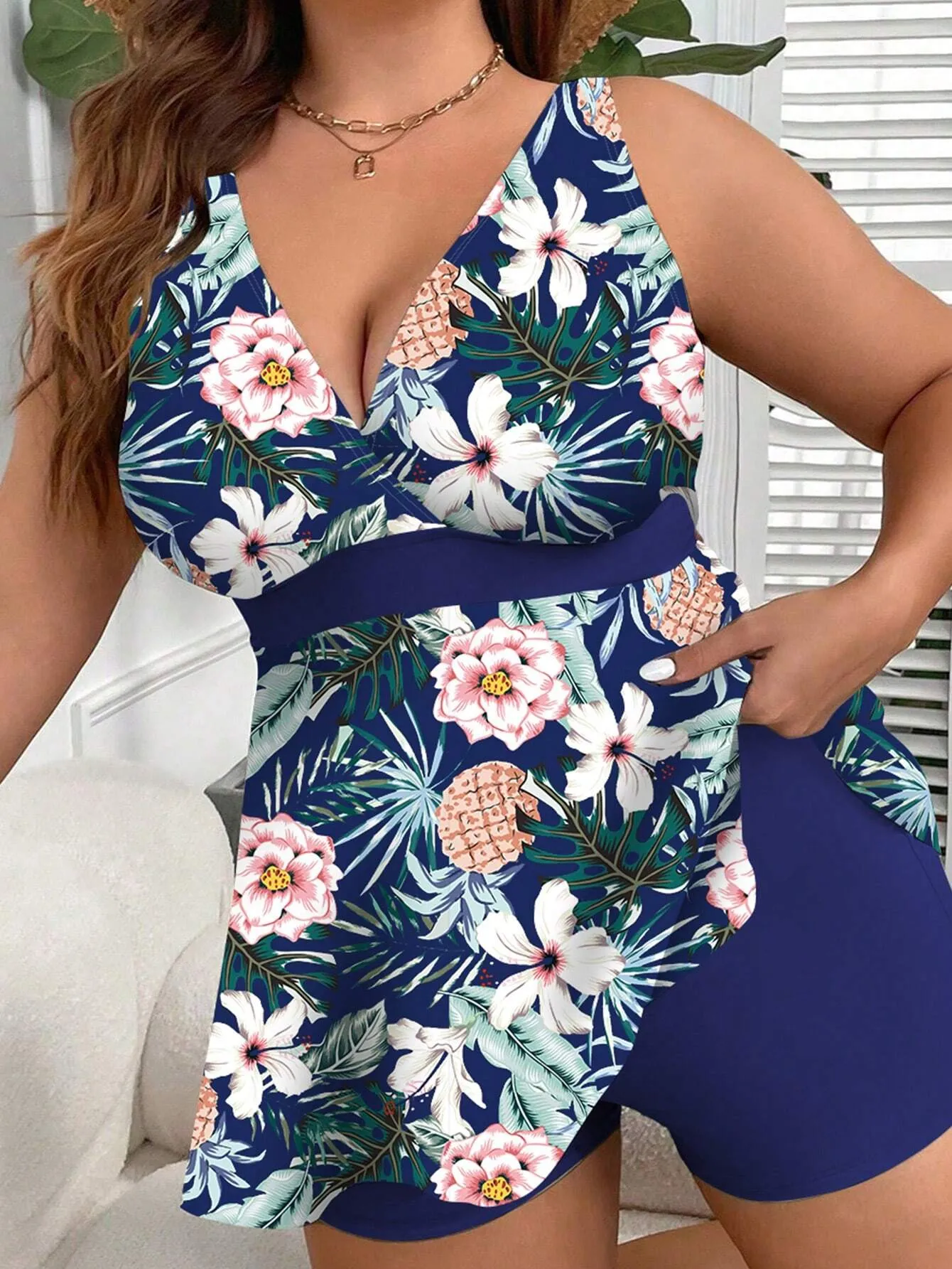 SHEIN Swim Lushore Plus Size Women's Random Printed Simple Daily Vest-Style Swimsuit (Copyright Purchased)