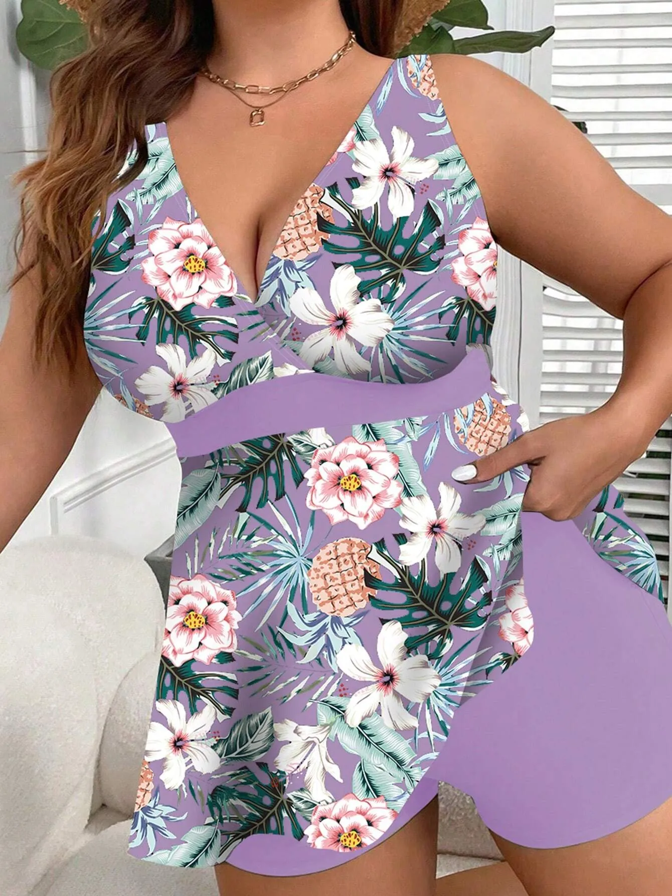 SHEIN Swim Lushore Plus Size Women's Random Printed Simple Daily Vest-Style Swimsuit (Copyright Purchased)