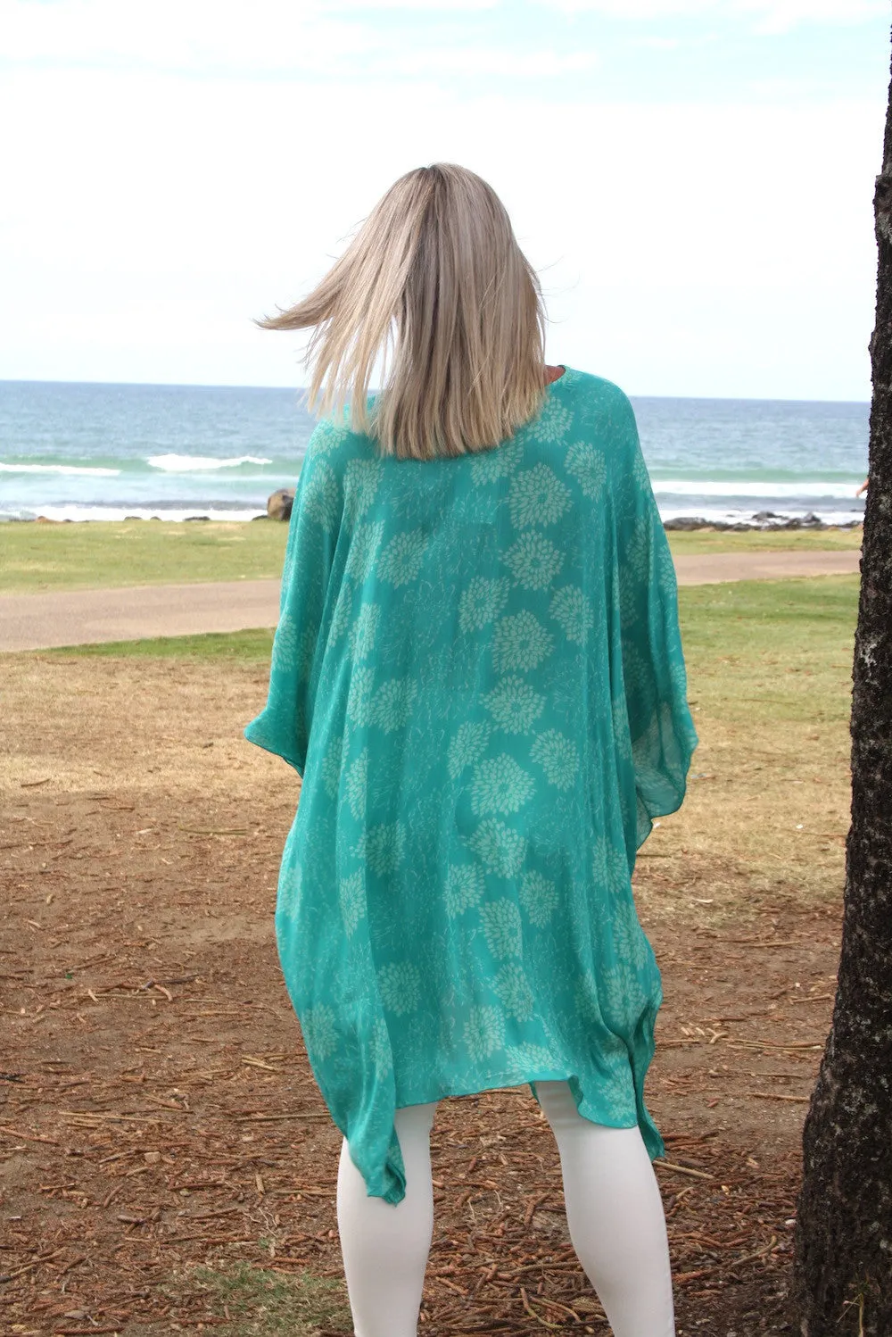 Short Kaftan in Aqua Green White Flower